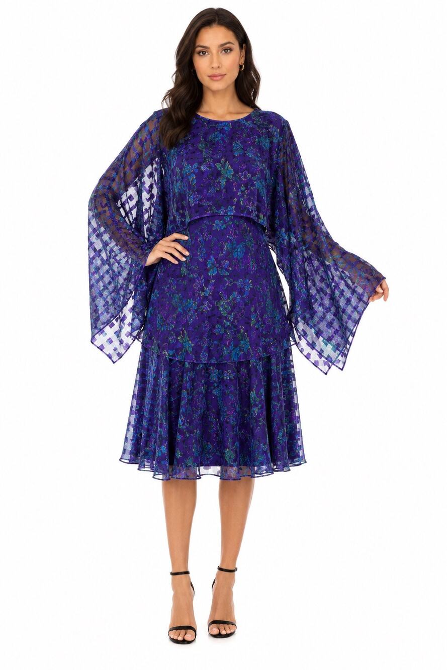 Vintage Patra 1980s Sheer Overlay Dress Purple Blue Floral Made USA Medium